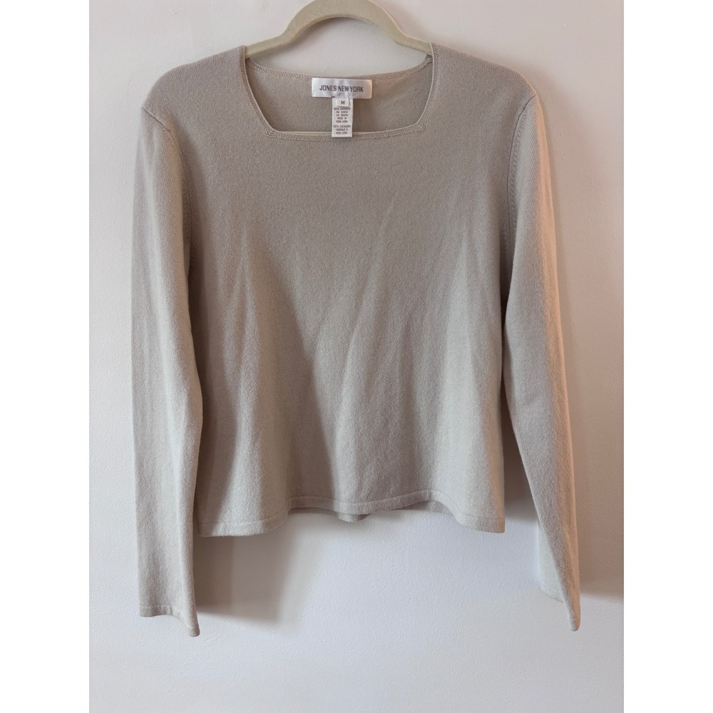 Jones New York‎ 100% Cashmere Square Neck Sweater Beige Oatmeal Womens Medium